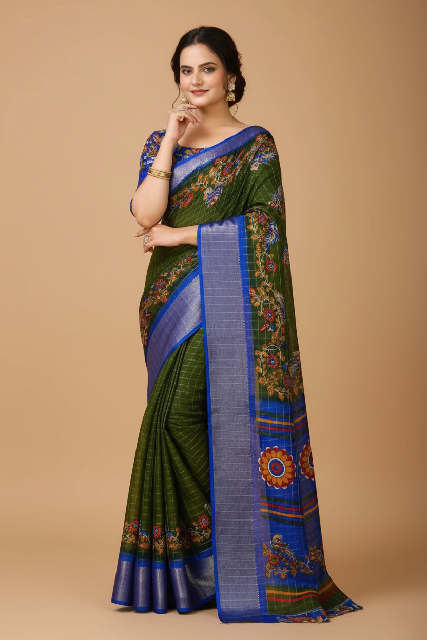 Snuggle Spot Women's Soft Dola Cotton Kalamkari Printed Saree With Unstitched Blouse 5.5Mtr (Mehendi)