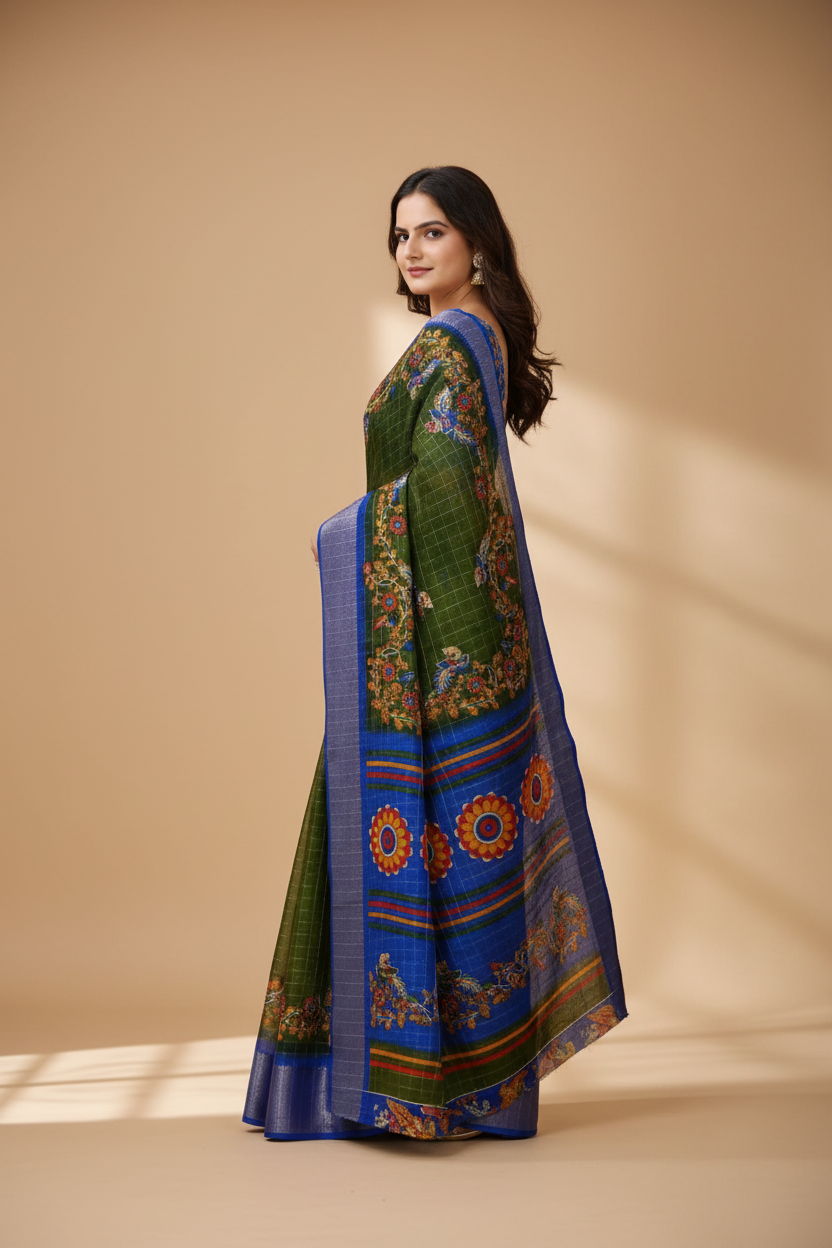 Snuggle Spot Women's Soft Dola Cotton Kalamkari Printed Saree With Unstitched Blouse 5.5Mtr (Mehendi)