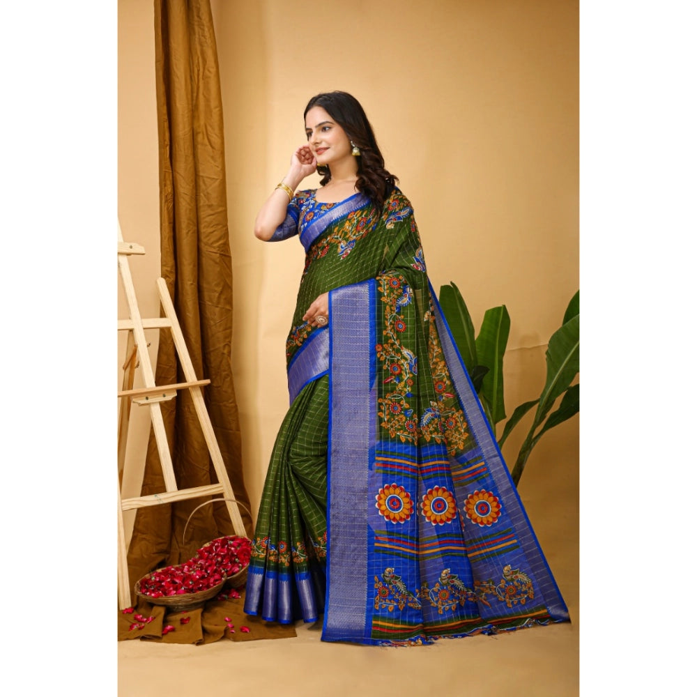 Snuggle Spot Women's Soft Dola Cotton Kalamkari Printed Saree With Unstitched Blouse 5.5Mtr (Mehendi)