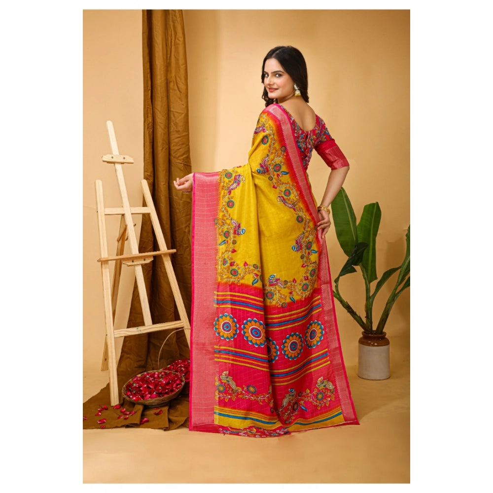 Snuggle Spot Women's Soft Dola Cotton Kalamkari Printed Saree With Unstitched Blouse 5.5Mtr (Yellow)