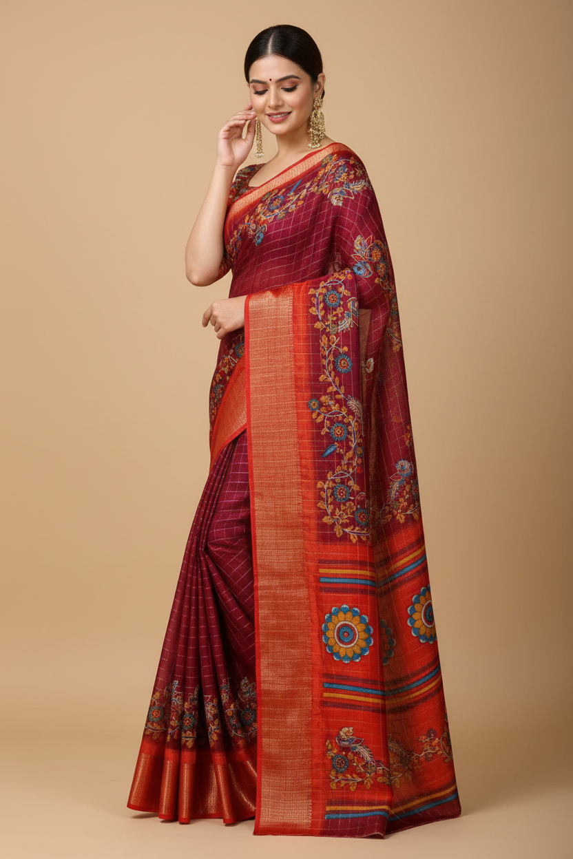 Snuggle Spot Women's Soft Dola Cotton Kalamkari Printed Saree With Unstitched Blouse 5.5Mtr (Maroon)