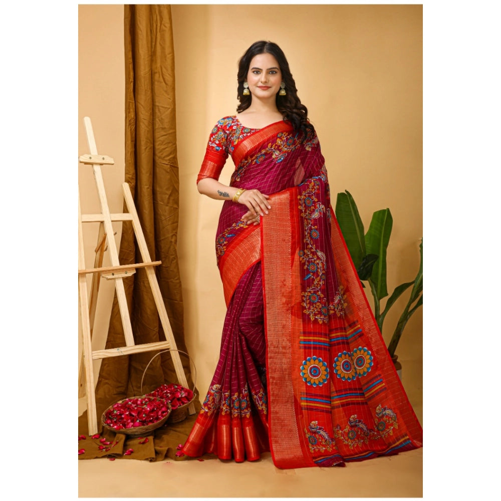 Snuggle Spot Women's Soft Dola Cotton Kalamkari Printed Saree With Unstitched Blouse 5.5Mtr (Maroon)