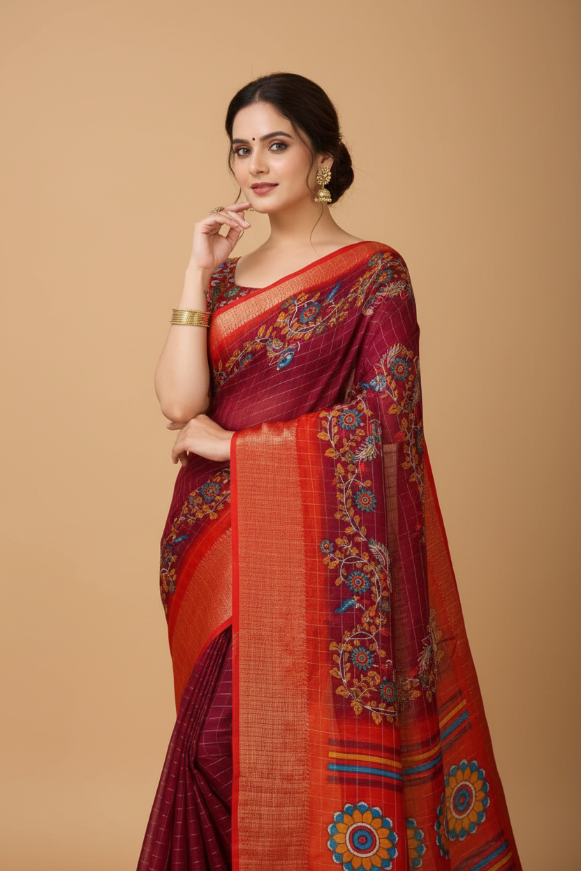 Snuggle Spot Women's Soft Dola Cotton Kalamkari Printed Saree With Unstitched Blouse 5.5Mtr (Maroon)