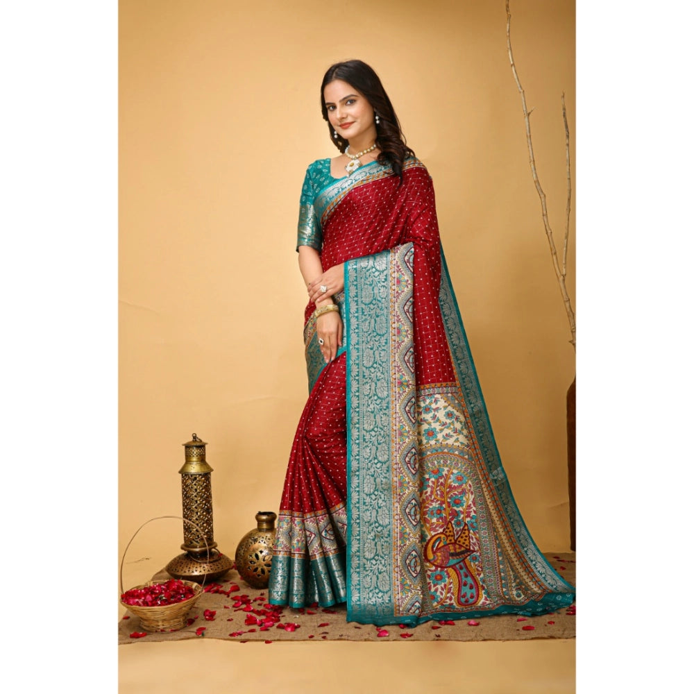 Snuggle Spot Women's Soft Dola Cotton Kalamkari Printed Saree With Unstitched Blouse 5.5Mtr (Red)