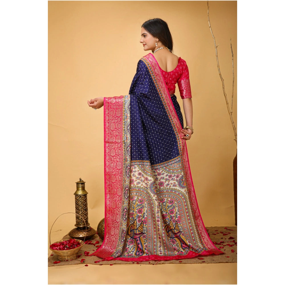 Snuggle Spot Women's Soft Dola Cotton Kalamkari Printed Saree With Unstitched Blouse 5.5Mtr (Navy Blue)