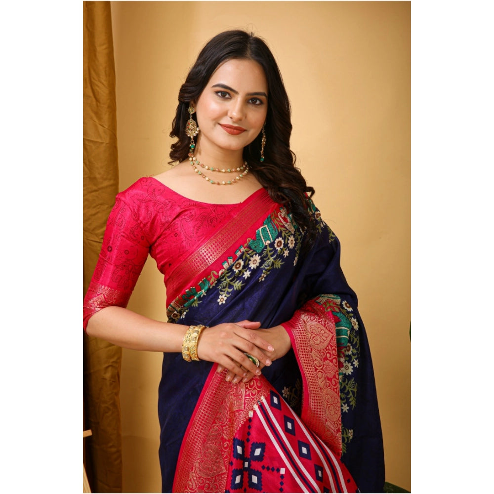 Snuggle Spot Women's Soft Dola Cotton Kalamkari Printed Saree With Unstitched Blouse 5.5Mtr (Navy Blue)