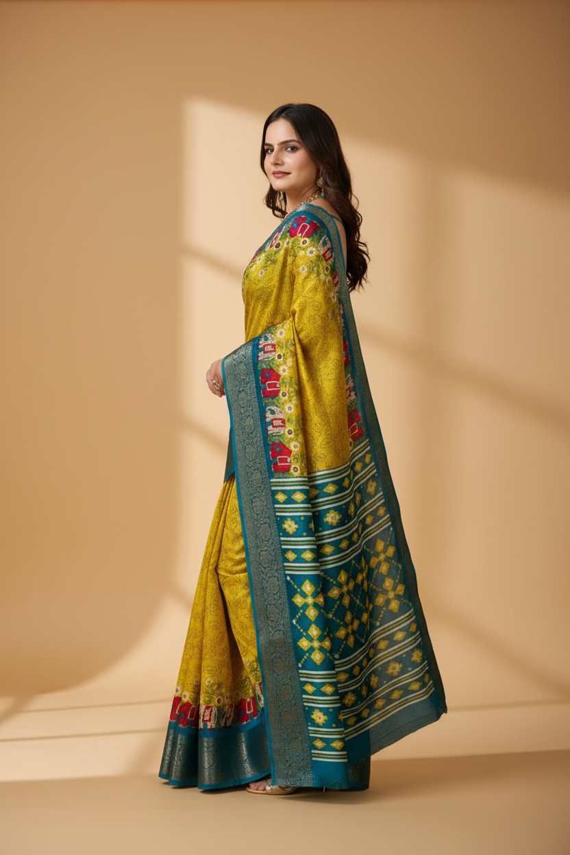 Snuggle Spot Women's Soft Dola Cotton Kalamkari Printed Saree With Unstitched Blouse 5.5Mtr (Yellow)