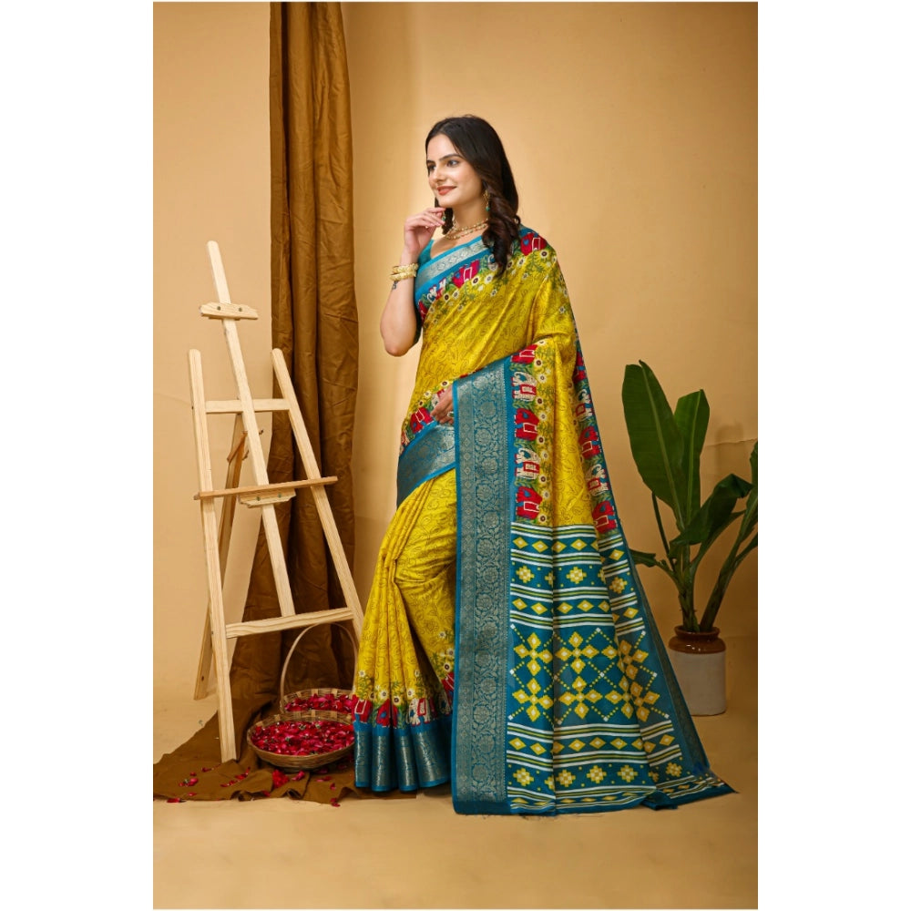Snuggle Spot Women's Soft Dola Cotton Kalamkari Printed Saree With Unstitched Blouse 5.5Mtr (Yellow)