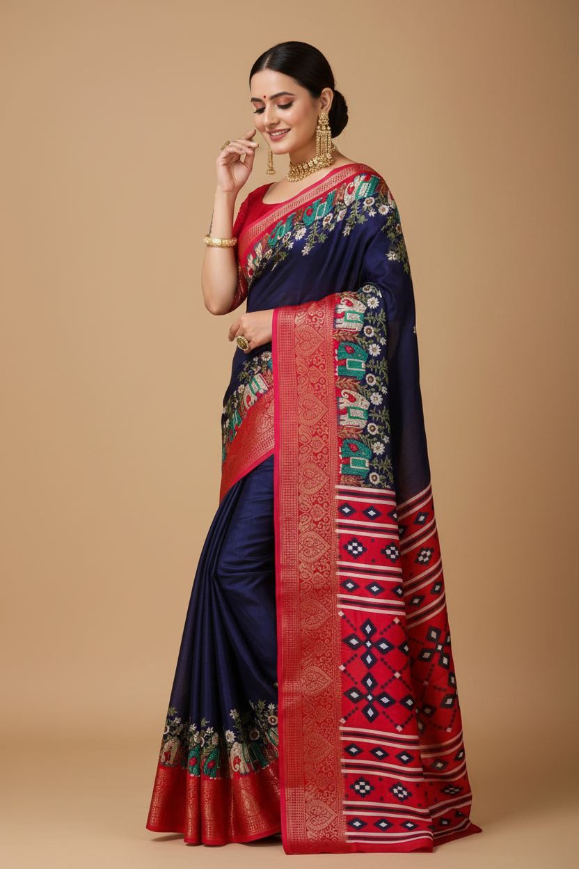 Snuggle Spot Women's Soft Dola Cotton Kalamkari Printed Saree With Unstitched Blouse 5.5Mtr (Navy Blue)