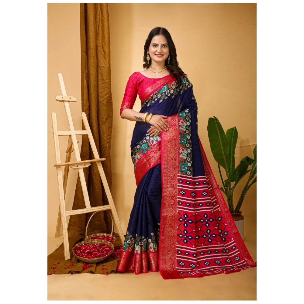 Snuggle Spot Women's Soft Dola Cotton Kalamkari Printed Saree With Unstitched Blouse 5.5Mtr (Navy Blue)