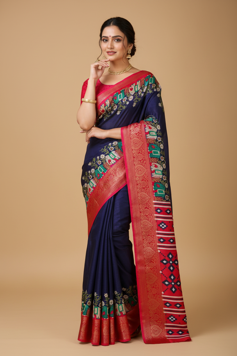 Snuggle Spot Women's Soft Dola Cotton Kalamkari Printed Saree With Unstitched Blouse 5.5Mtr (Navy Blue)