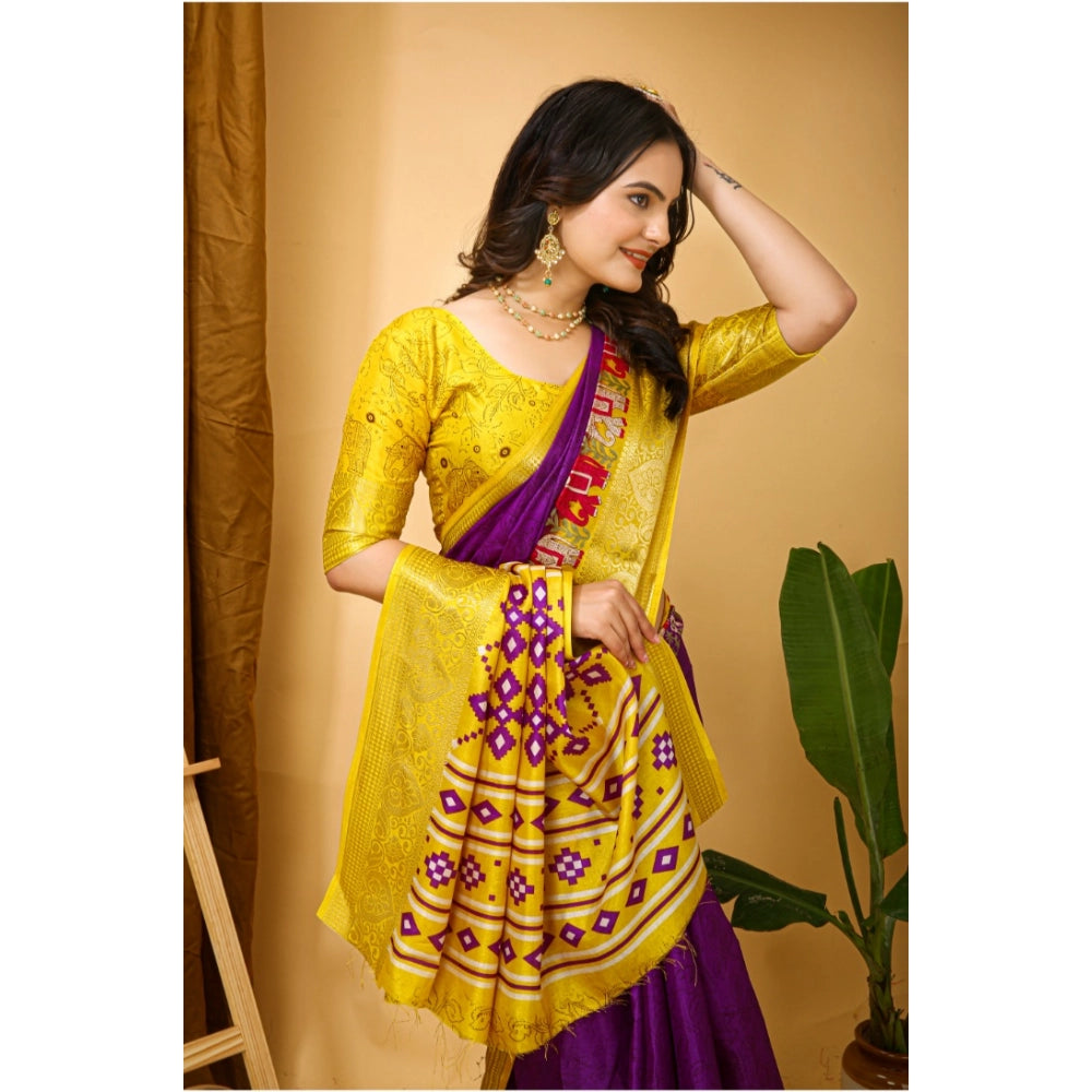 Snuggle Spot Women's Soft Dola Cotton Kalamkari Printed Saree With Unstitched Blouse 5.5Mtr (Purple)