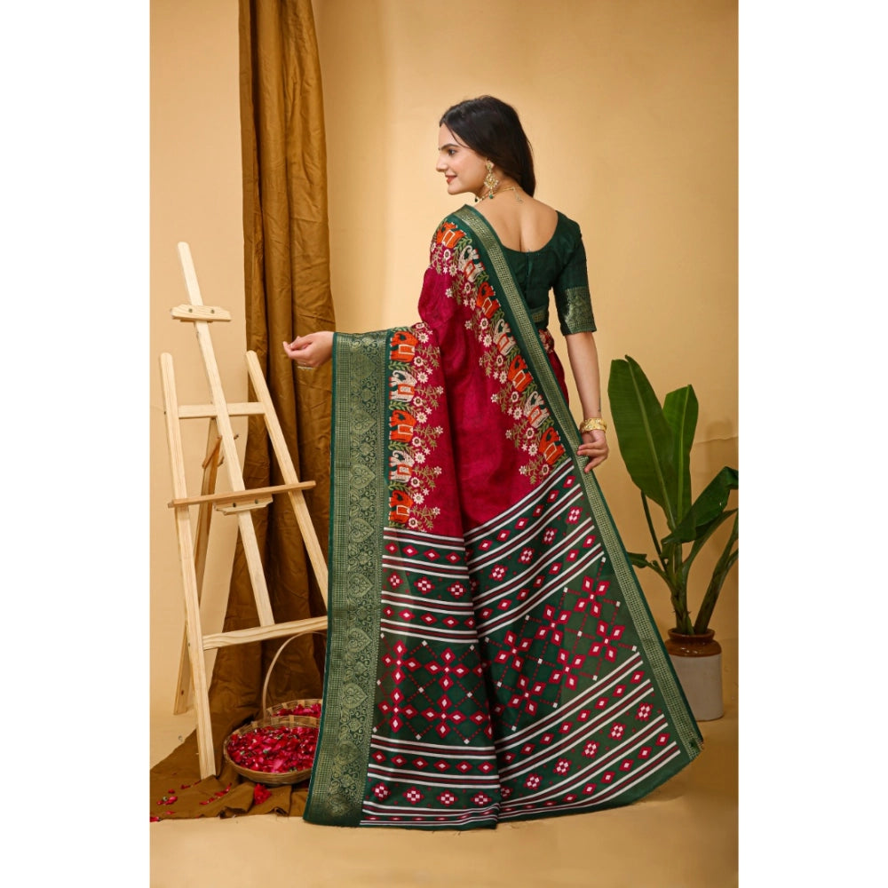 Snuggle Spot Women's Soft Dola Cotton Kalamkari Printed Saree With Unstitched Blouse 5.5Mtr (Red)