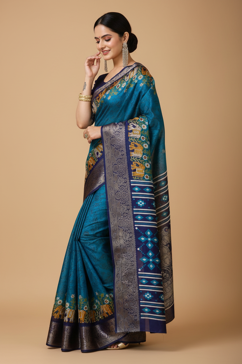 Snuggle Spot Women's Soft Dola Cotton Kalamkari Printed Saree With Unstitched Blouse 5.5Mtr (Blue)