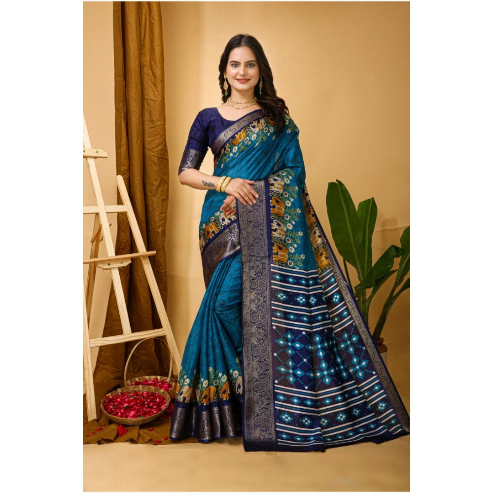 Snuggle Spot Women's Soft Dola Cotton Kalamkari Printed Saree With Unstitched Blouse 5.5Mtr (Blue)
