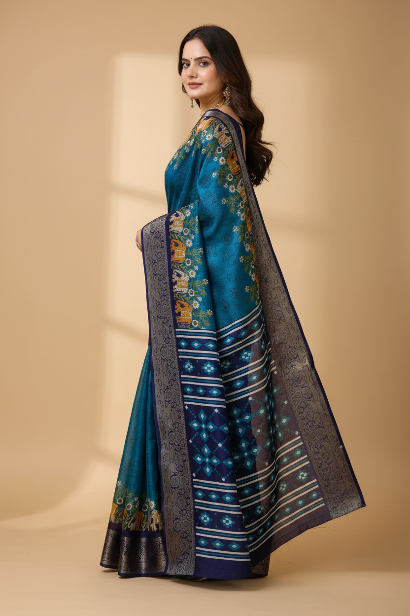 Snuggle Spot Women's Soft Dola Cotton Kalamkari Printed Saree With Unstitched Blouse 5.5Mtr (Blue)