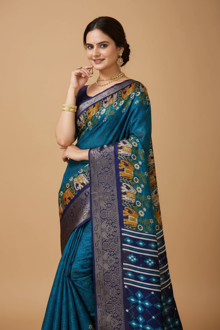Snuggle Spot Women's Soft Dola Cotton Kalamkari Printed Saree With Unstitched Blouse 5.5Mtr (Blue)