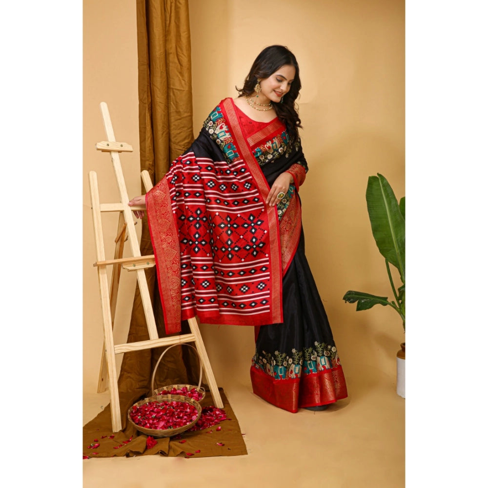 Snuggle Spot Women's Soft Dola Cotton Kalamkari Printed Saree With Unstitched Blouse 5.5Mtr (Black)
