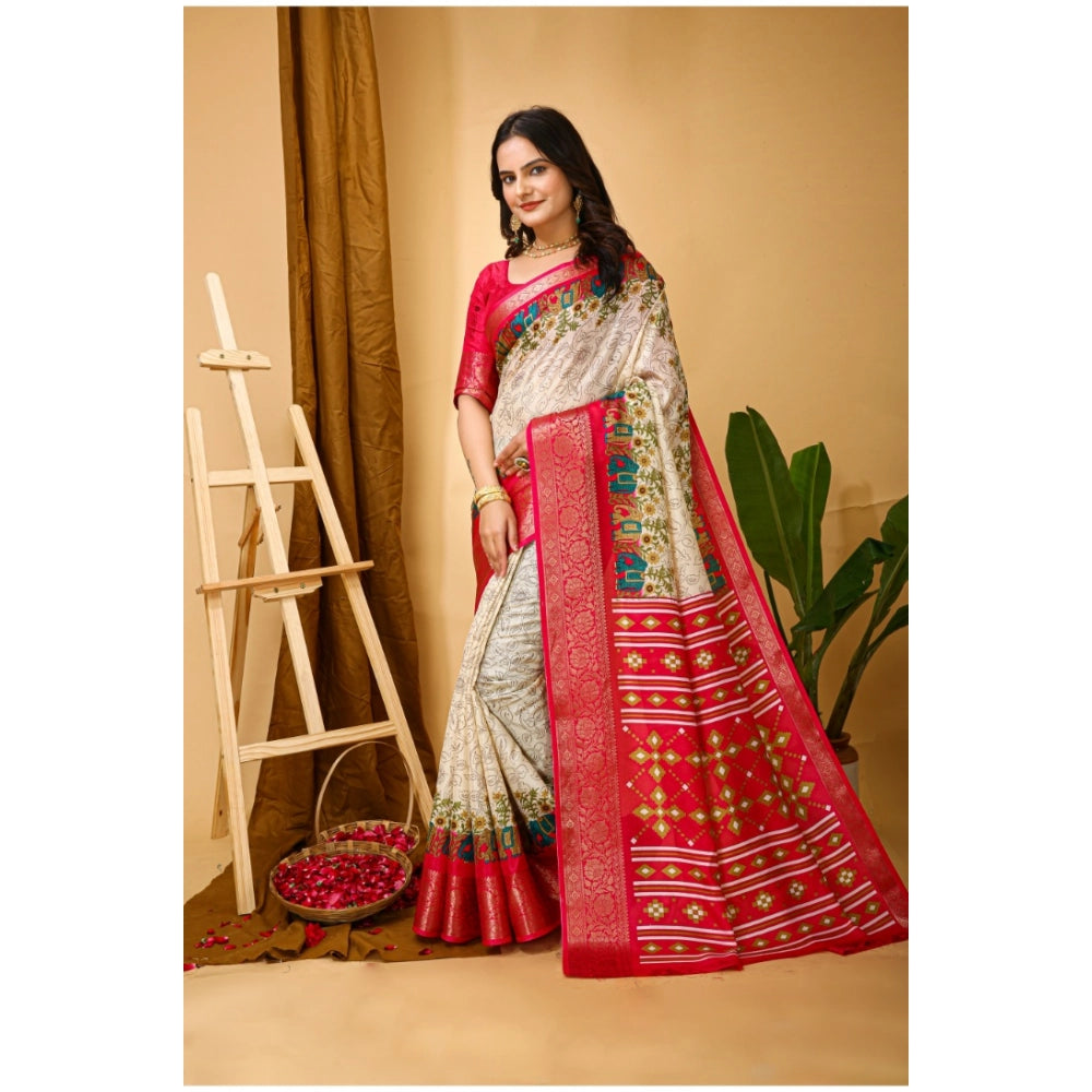 Snuggle Spot Women's Soft Dola Cotton Kalamkari Printed Saree With Unstitched Blouse 5.5Mtr (White)
