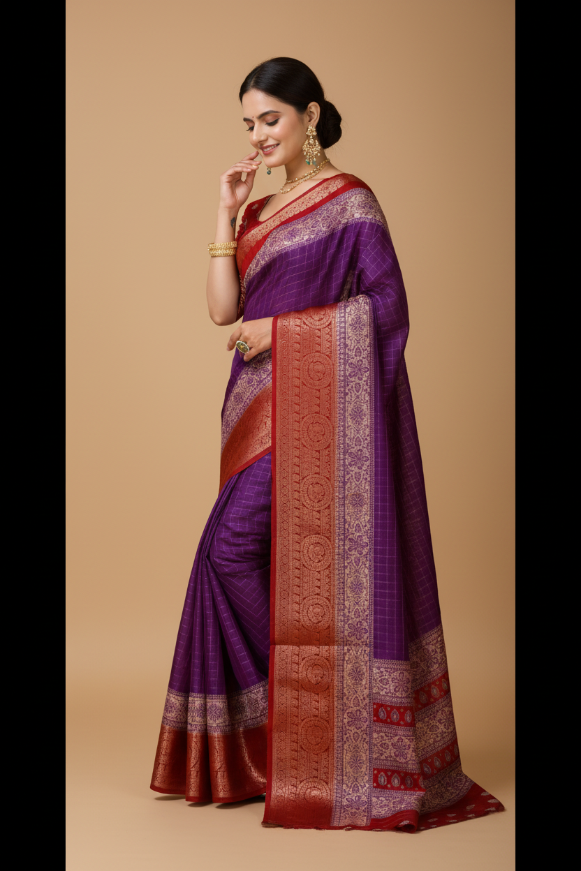 Snuggle Spot Women's Soft Dola Cotton Kalamkari Printed Saree With Unstitched Blouse 5.5Mtr (Purple)