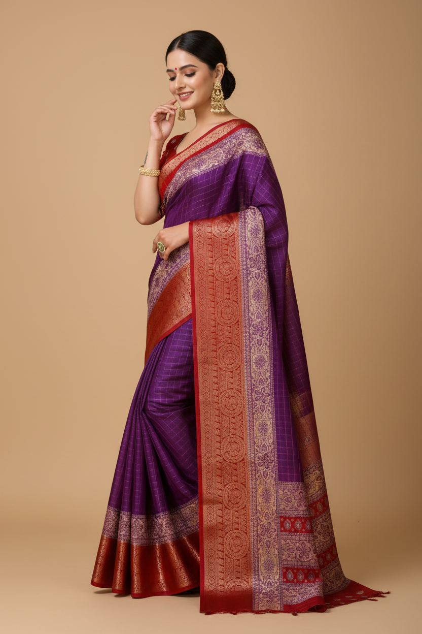 Snuggle Spot Women's Soft Dola Cotton Kalamkari Printed Saree With Unstitched Blouse 5.5Mtr (Purple)