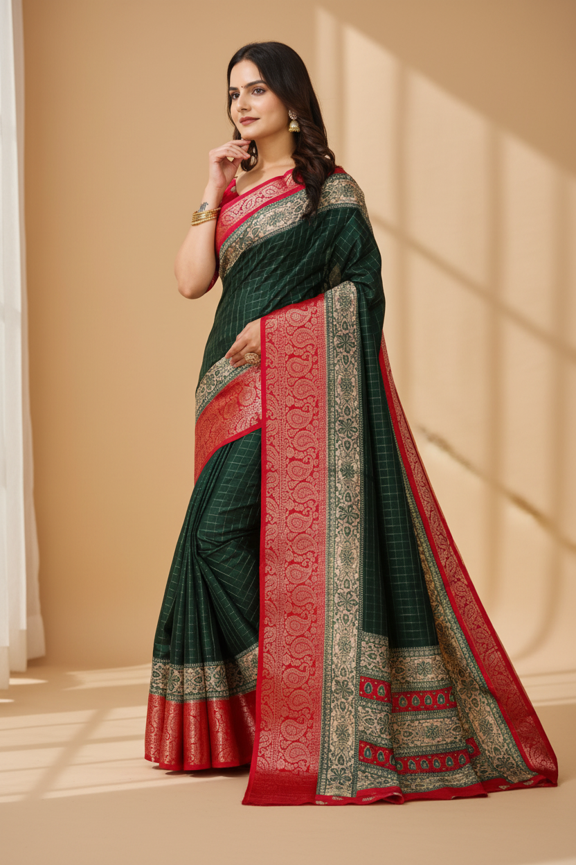 Snuggle Spot Women's Soft Dola Cotton Kalamkari Printed Saree With Unstitched Blouse 5.5Mtr (B.Green)