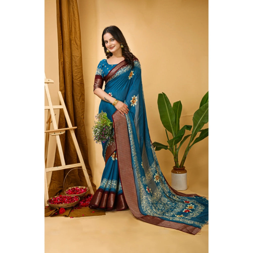 Snuggle Spot Women's Soft Blooming Marshmallow Fabric Kalamkari Printed Saree With Unstitched Blouse 5.5Mtr (Blue)