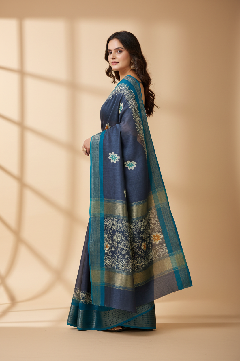 Snuggle Spot Women's Soft Blooming Marshmallow Fabric Kalamkari Printed Saree With Unstitched Blouse 5.5Mtr (Grey)