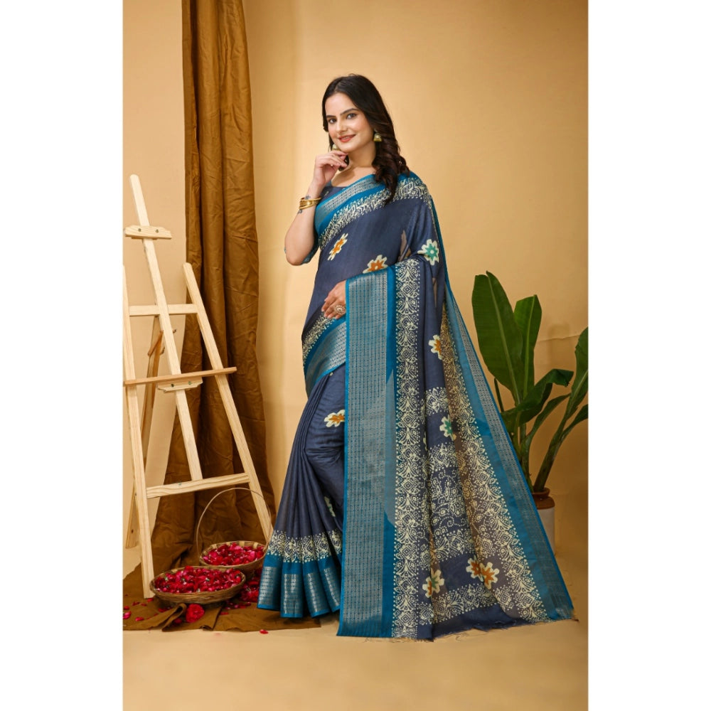 Snuggle Spot Women's Soft Blooming Marshmallow Fabric Kalamkari Printed Saree With Unstitched Blouse 5.5Mtr (Grey)