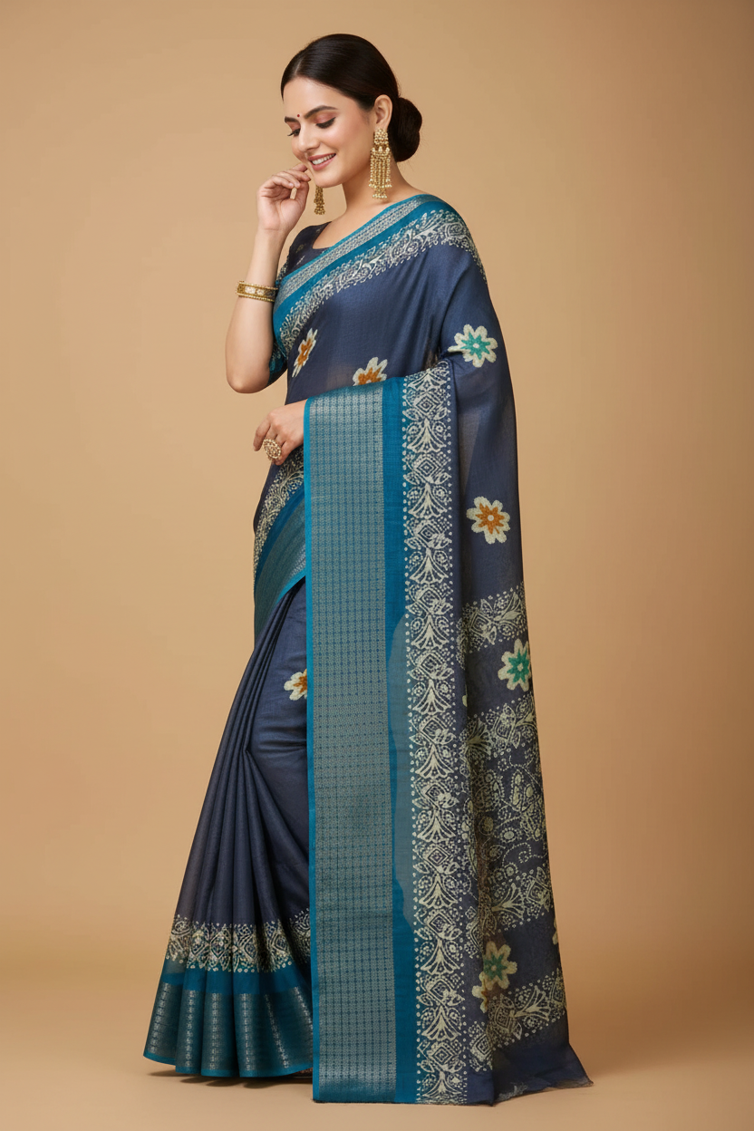 Snuggle Spot Women's Soft Blooming Marshmallow Fabric Kalamkari Printed Saree With Unstitched Blouse 5.5Mtr (Grey)