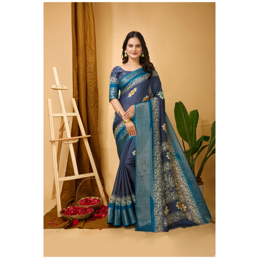 Snuggle Spot Women's Soft Blooming Marshmallow Fabric Kalamkari Printed Saree With Unstitched Blouse 5.5Mtr (Grey)