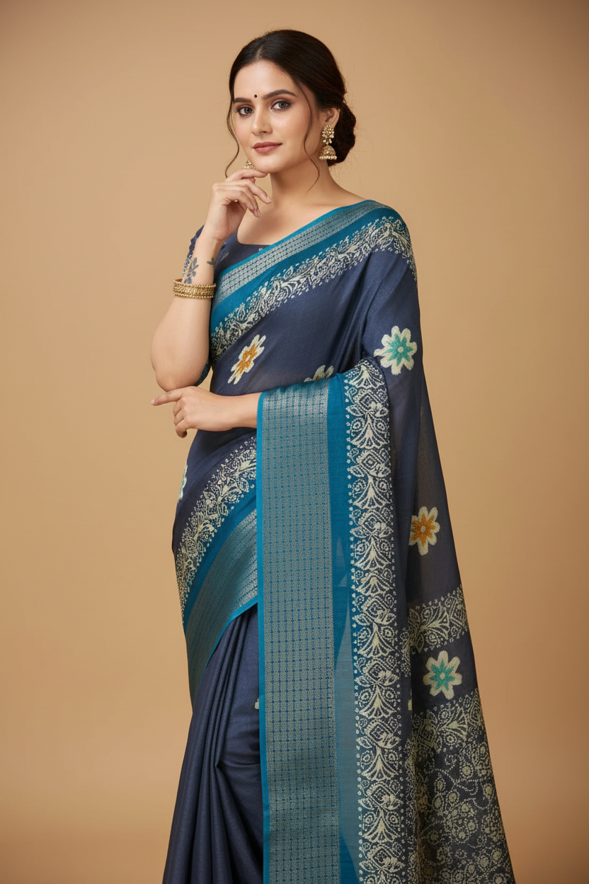 Snuggle Spot Women's Soft Blooming Marshmallow Fabric Kalamkari Printed Saree With Unstitched Blouse 5.5Mtr (Grey)