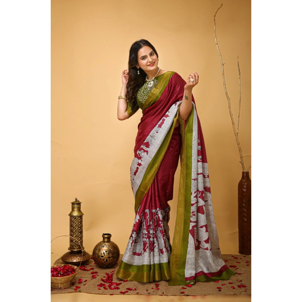Snuggle Spot Women's Soft Handloom Cotton Kalamkari Printed Saree With Unstitched Blouse 5.5Mtr (Maroon)