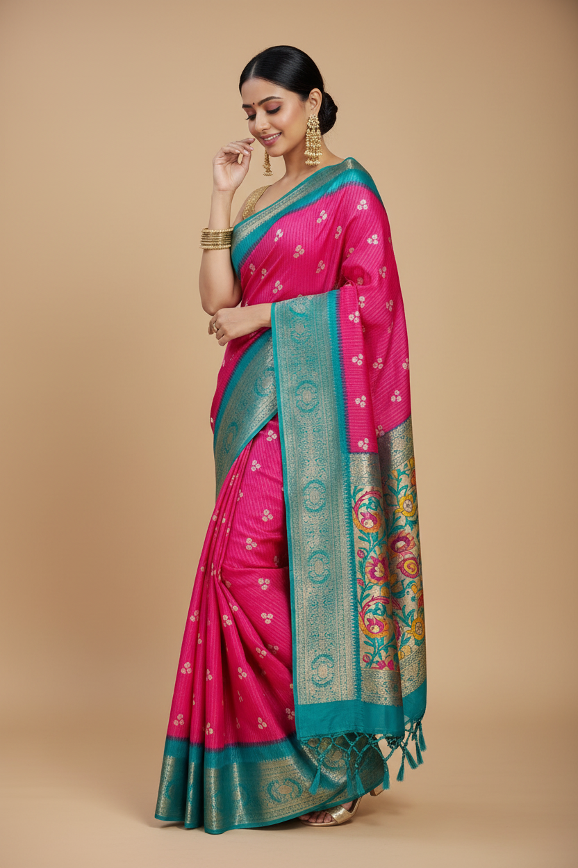 Snuggle Spot Women's Soft Dola Cotton Kalamkari Printed Saree With Unstitched Blouse 5.5Mtr (Pink)
