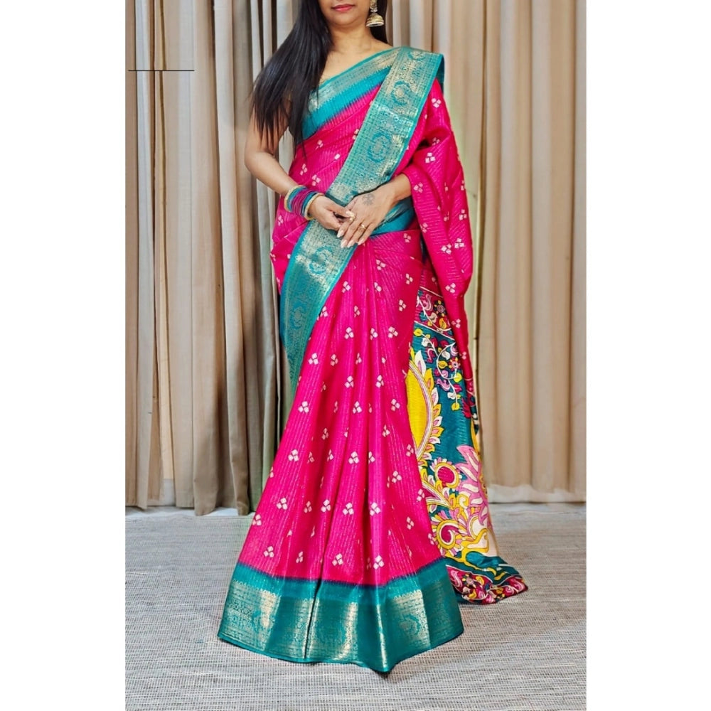 Snuggle Spot Women's Soft Dola Cotton Kalamkari Printed Saree With Unstitched Blouse 5.5Mtr (Pink)