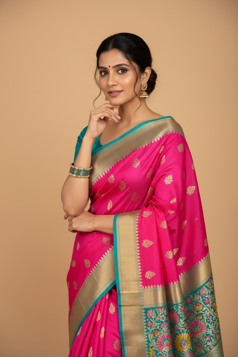 Snuggle Spot Women's Soft Dola Cotton Kalamkari Printed Saree With Unstitched Blouse 5.5Mtr (Pink)