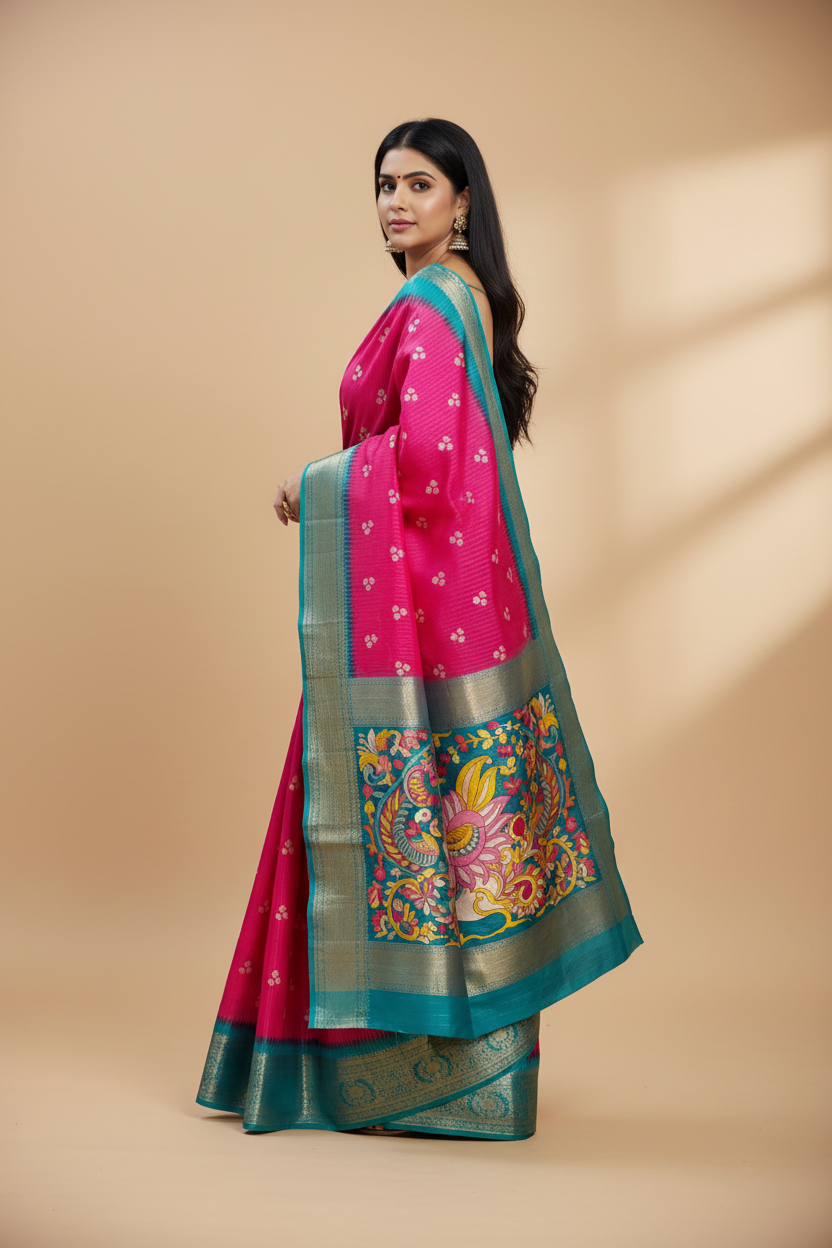 Snuggle Spot Women's Soft Dola Cotton Kalamkari Printed Saree With Unstitched Blouse 5.5Mtr (Pink)