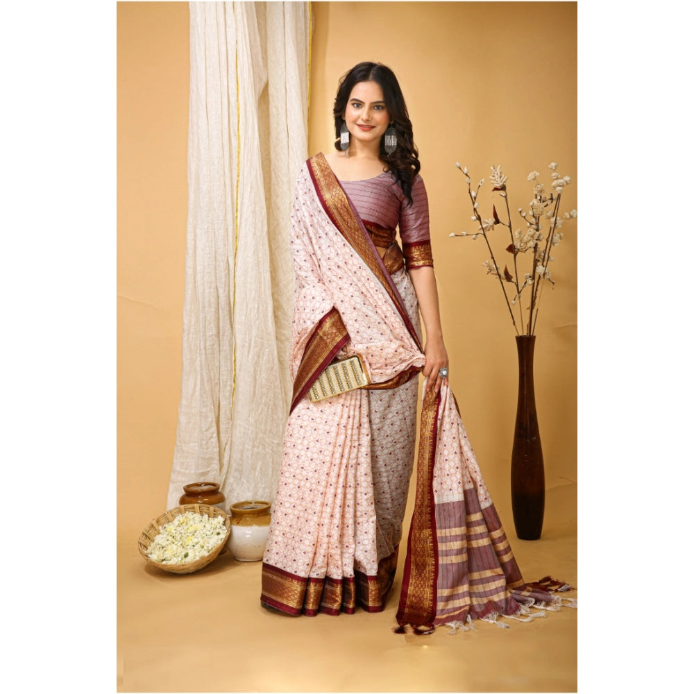 Snuggle Spot Women's Soft Cotton Silk Printed Saree With Unstitched Blouse 5.5Mtr (Maroon)