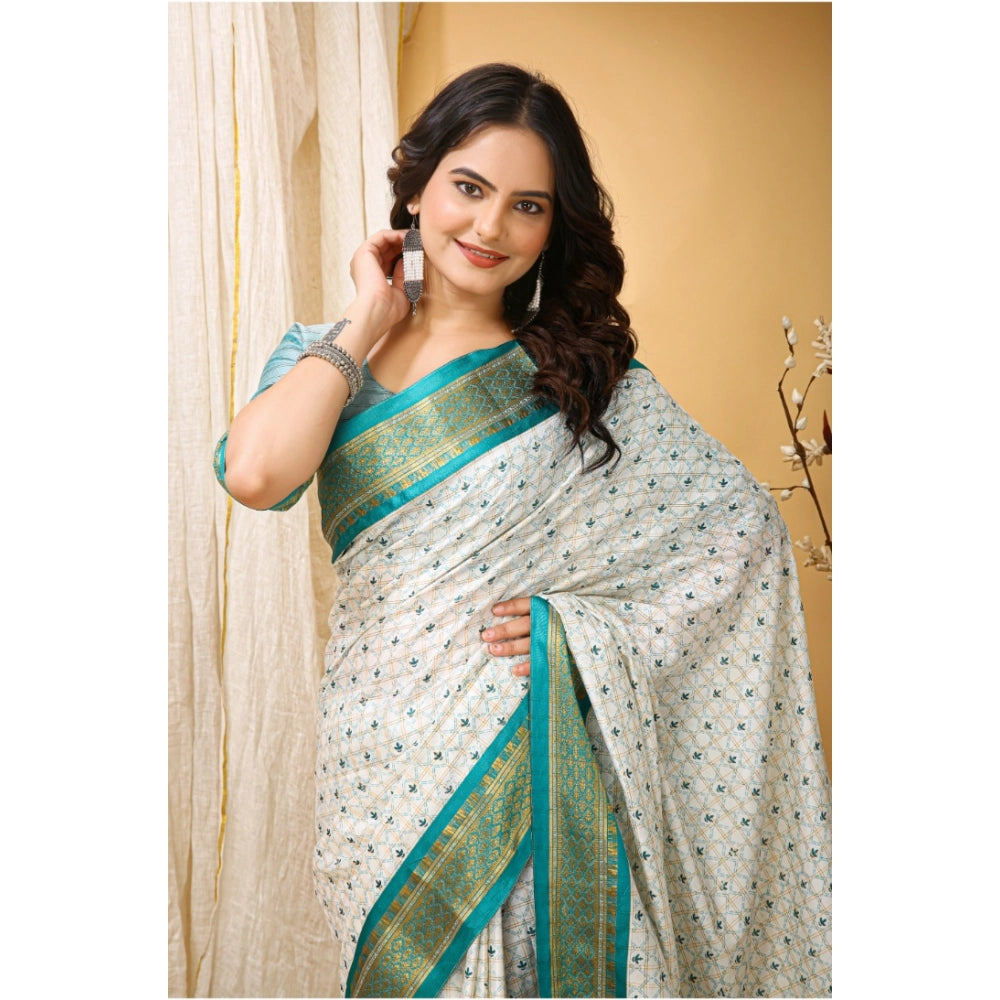 Snuggle Spot Women's Soft Cotton Silk Printed Saree With Unstitched Blouse 5.5Mtr (Rama Green)