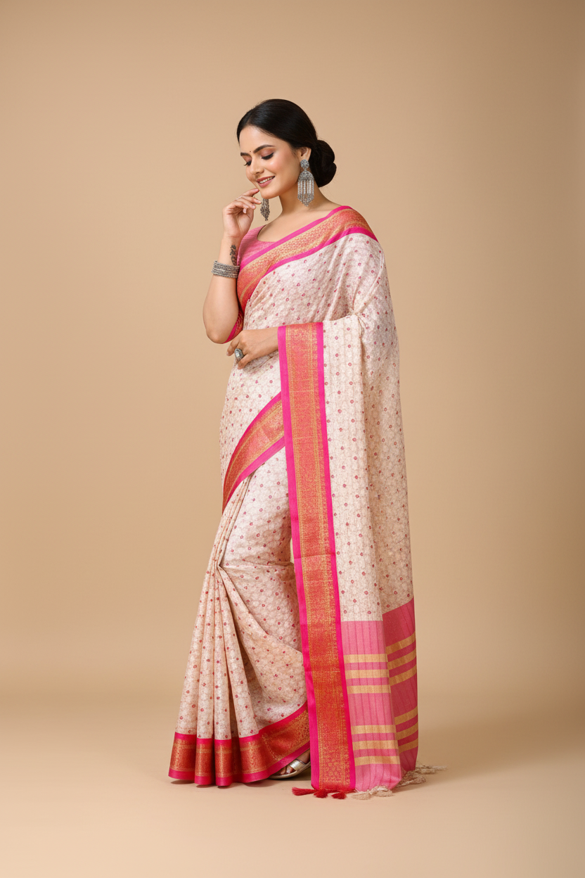 Snuggle Spot Women's Soft Cotton Silk Printed Saree With Unstitched Blouse 5.5Mtr (Pink)