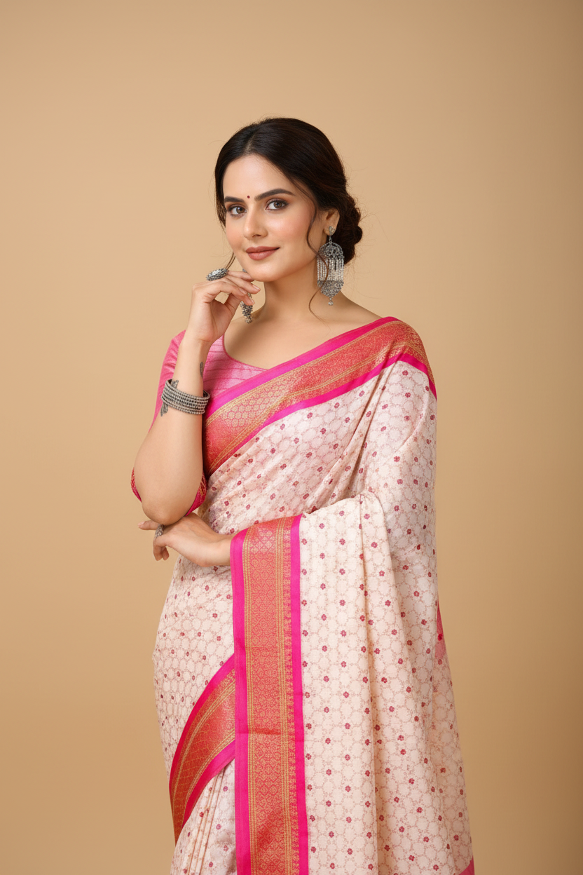 Snuggle Spot Women's Soft Cotton Silk Printed Saree With Unstitched Blouse 5.5Mtr (Pink)
