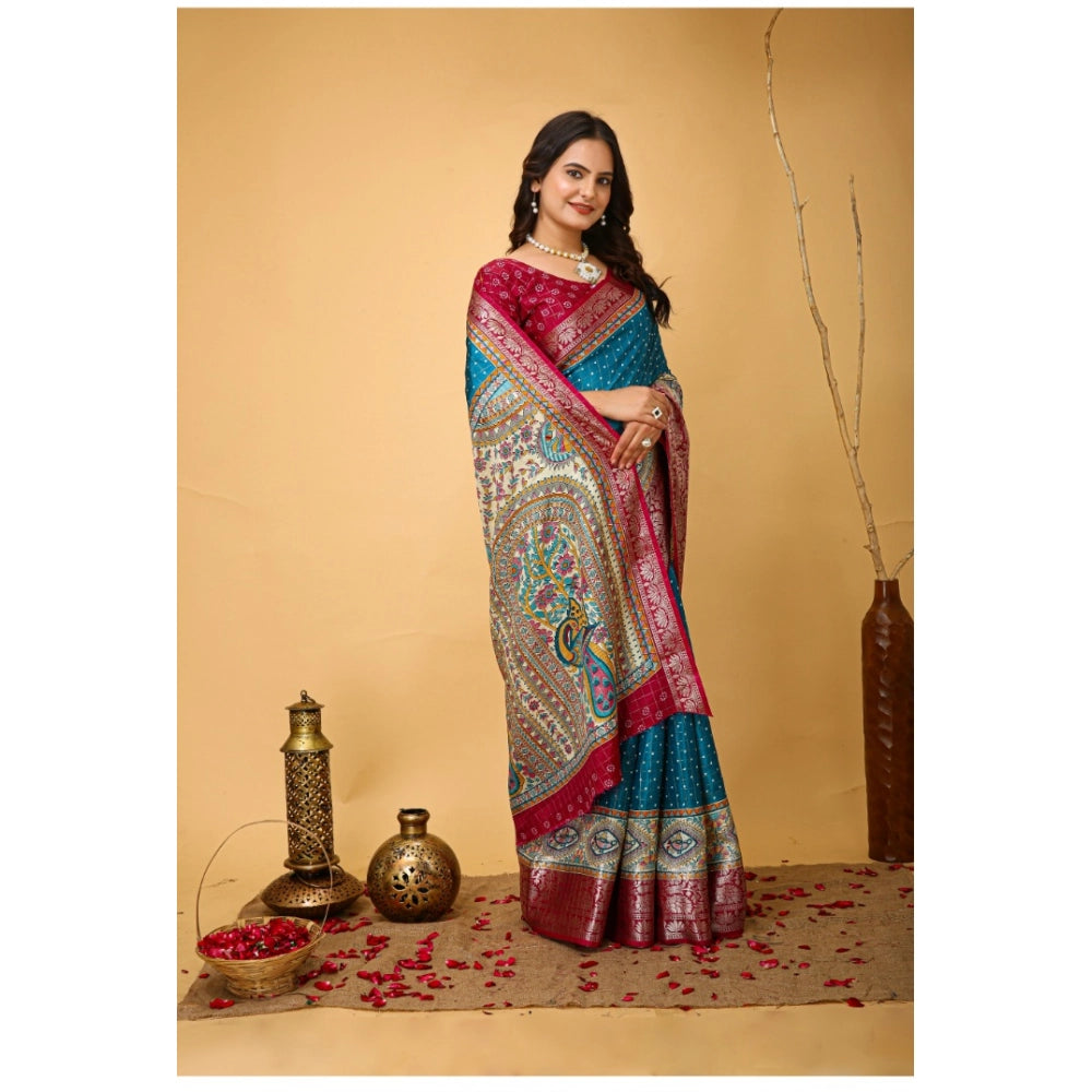 Snuggle Spot Women's Soft Dola Cotton Kalamkari Printed Saree With Unstitched Blouse 5.5Mtr (Sky Blue)