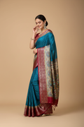 Snuggle Spot Women's Soft Dola Cotton Kalamkari Printed Saree With Unstitched Blouse 5.5Mtr (Sky Blue)