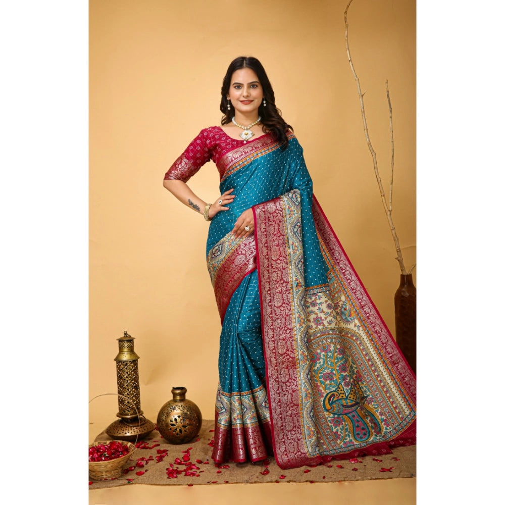 Snuggle Spot Women's Soft Dola Cotton Kalamkari Printed Saree With Unstitched Blouse 5.5Mtr (Sky Blue)
