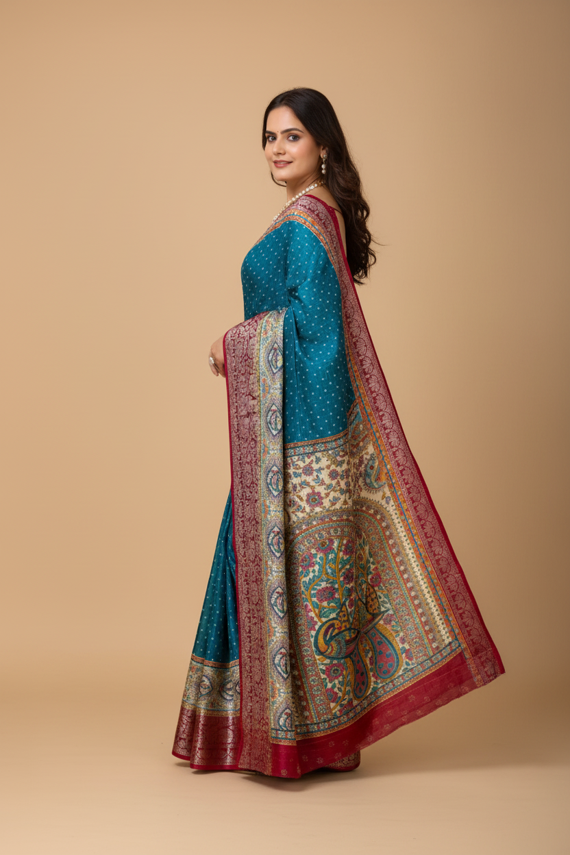 Snuggle Spot Women's Soft Dola Cotton Kalamkari Printed Saree With Unstitched Blouse 5.5Mtr (Sky Blue)
