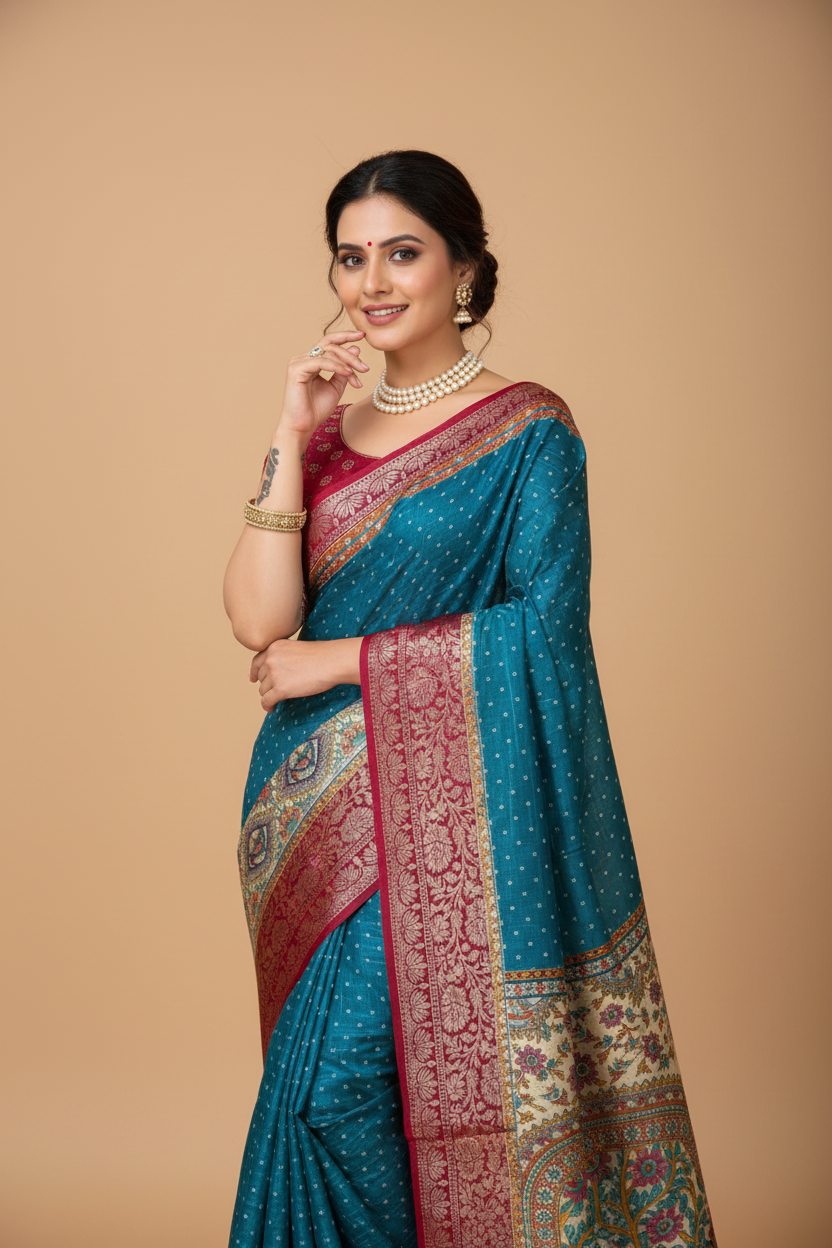 Snuggle Spot Women's Soft Dola Cotton Kalamkari Printed Saree With Unstitched Blouse 5.5Mtr (Sky Blue)