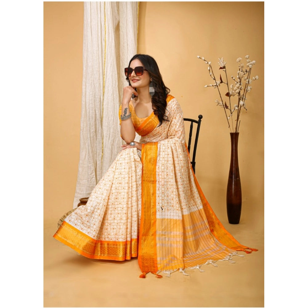 Snuggle Spot Women's Soft Cotton Silk Printed Saree With Unstitched Blouse 5.5Mtr (Yellow)