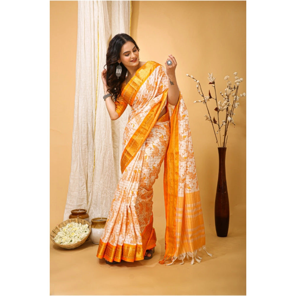 Snuggle Spot Women's Soft Cotton Silk Printed Saree With Unstitched Blouse 5.5Mtr (Yellow)