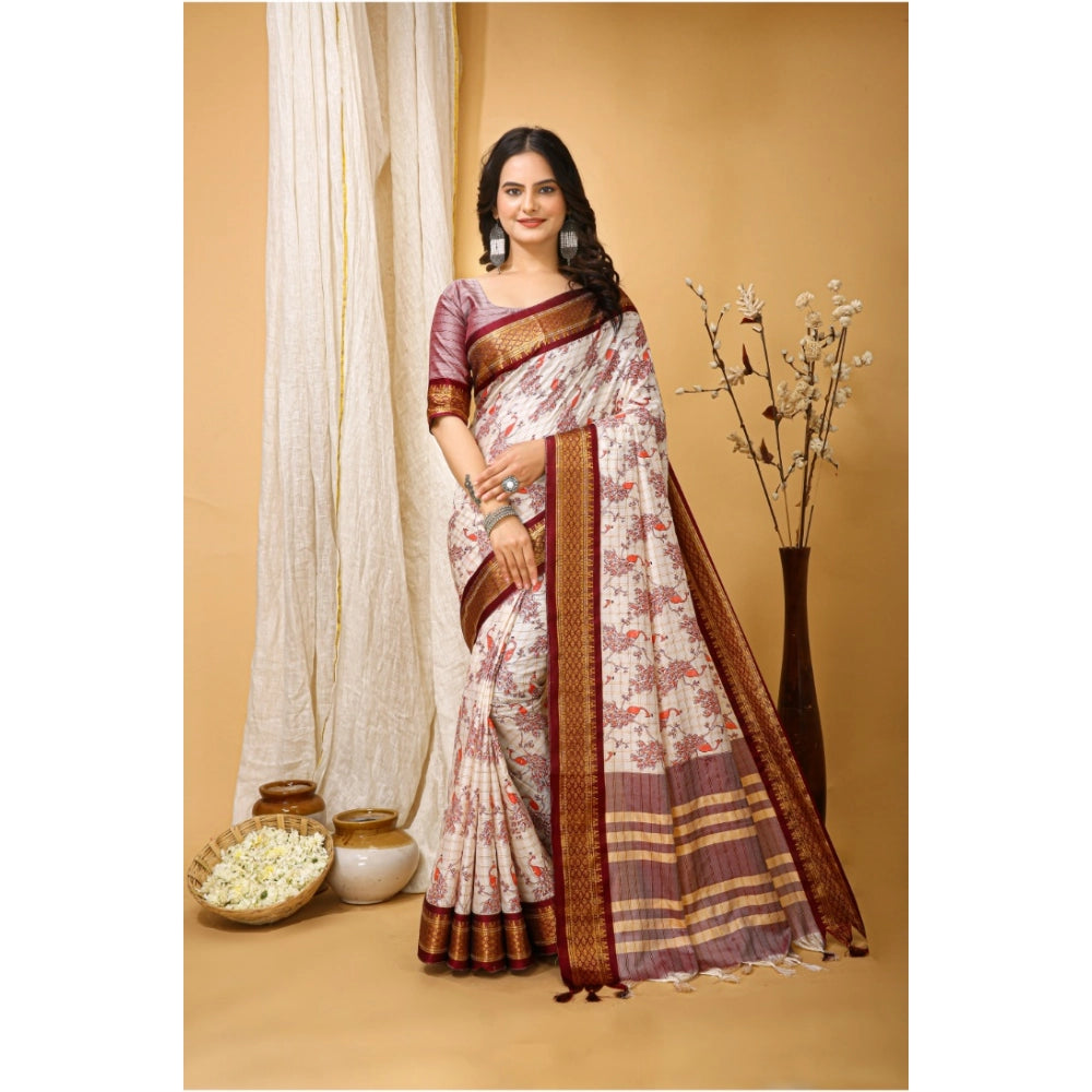Snuggle Spot Women's Soft Cotton Silk Printed Saree With Unstitched Blouse 5.5Mtr (Maroon)