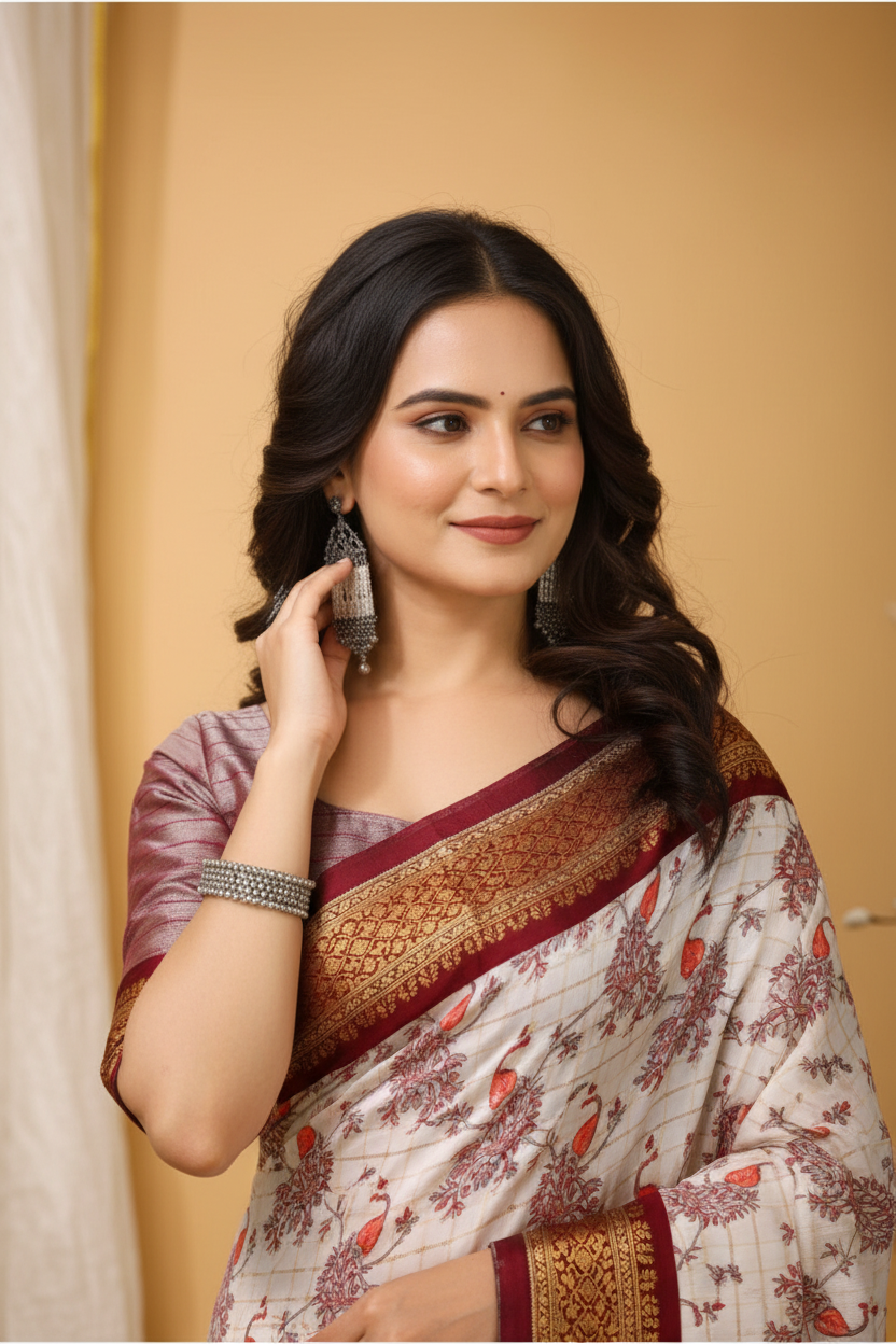 Snuggle Spot Women's Soft Cotton Silk Printed Saree With Unstitched Blouse 5.5Mtr (Maroon)